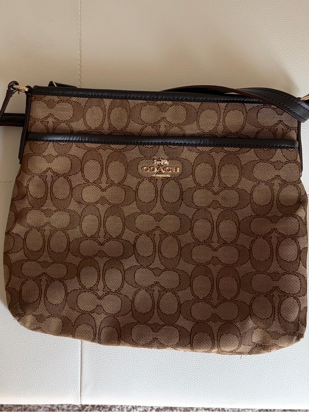 Coach Brown Signature Jacquard Crossbody with Dark Brown Trim